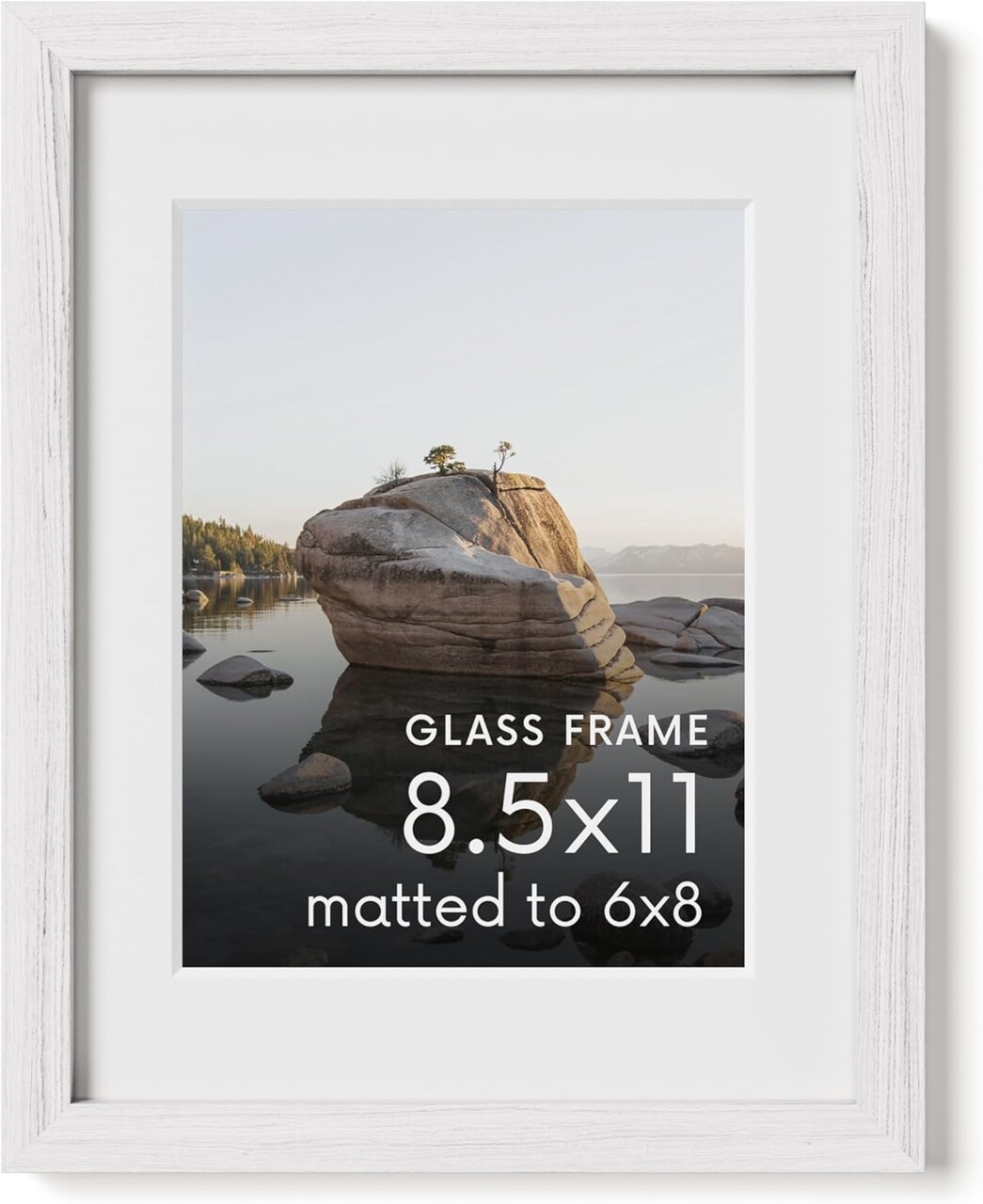 Picture Frame with Real Glass & White American Oak Matted to 6x8 - Oak Glass Picture Frame - Includes Vertical & Horizontal Hang - Ideal for Home, Room, Office (8.5x11 in, White)